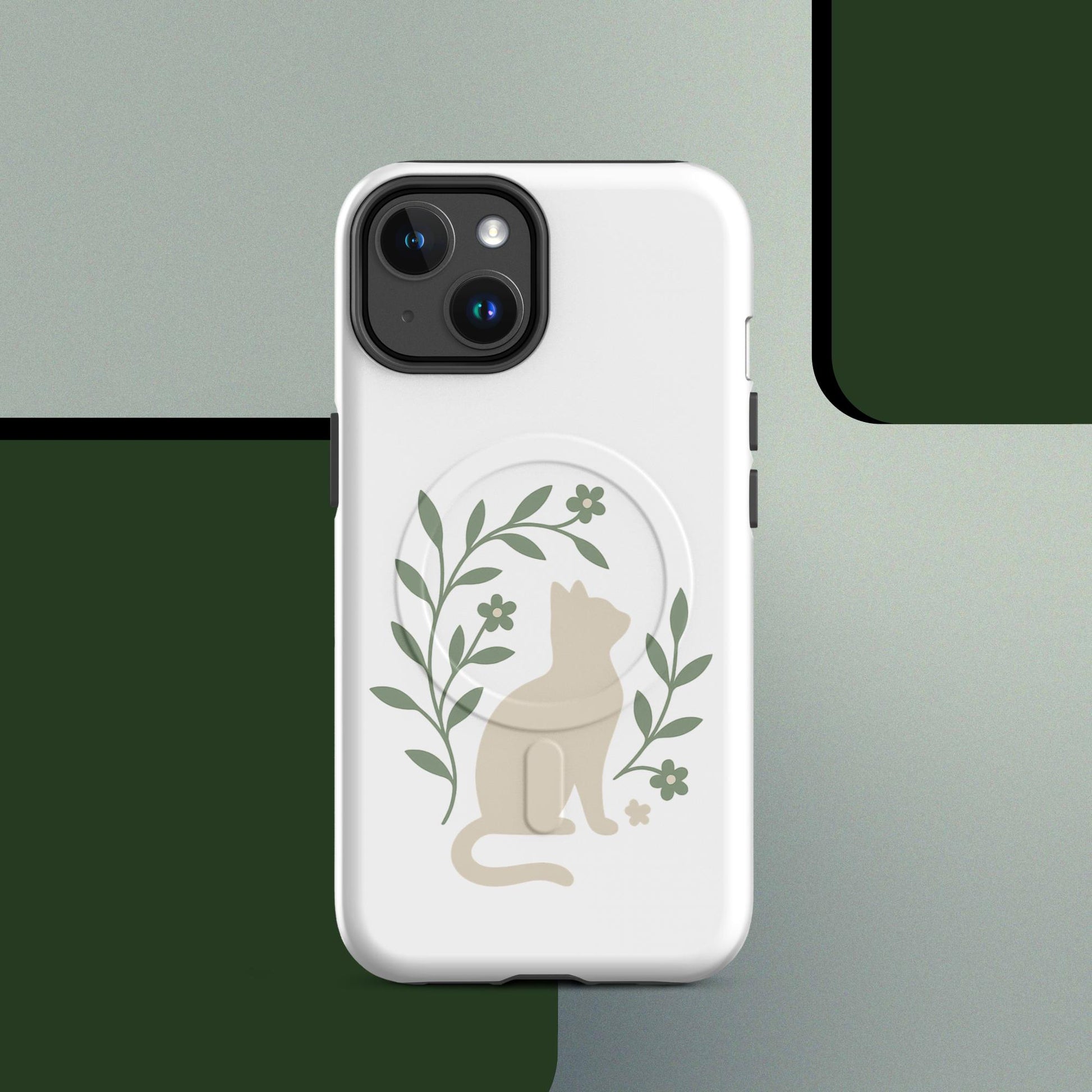 Botanical cat MagSafe iPhone case minimal green leaf design – iPhone 14–17