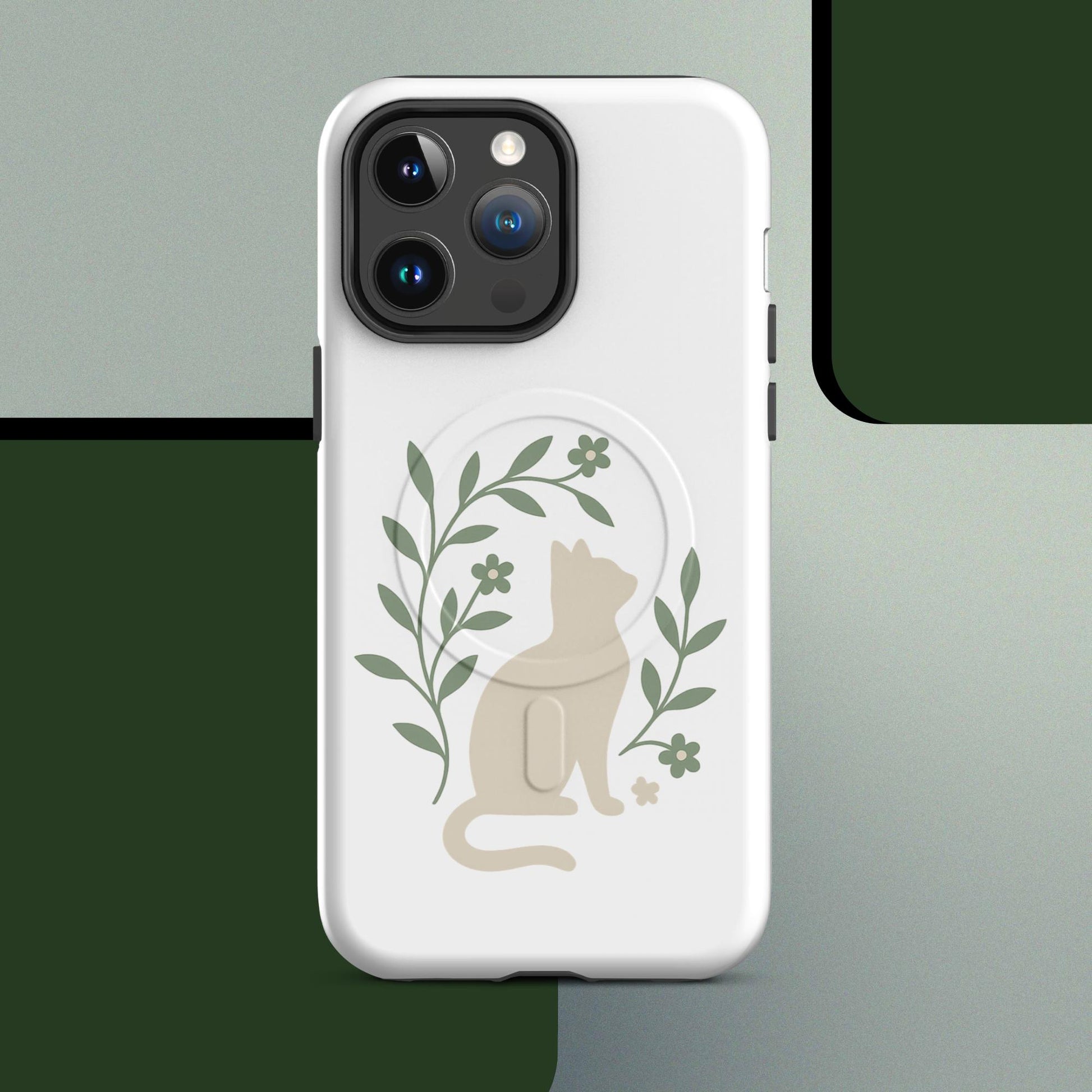 Botanical cat MagSafe iPhone case minimal green leaf design – iPhone 14–17