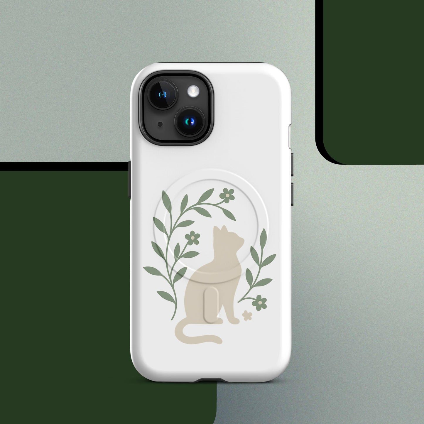Botanical cat MagSafe iPhone case minimal green leaf design – iPhone 14–17