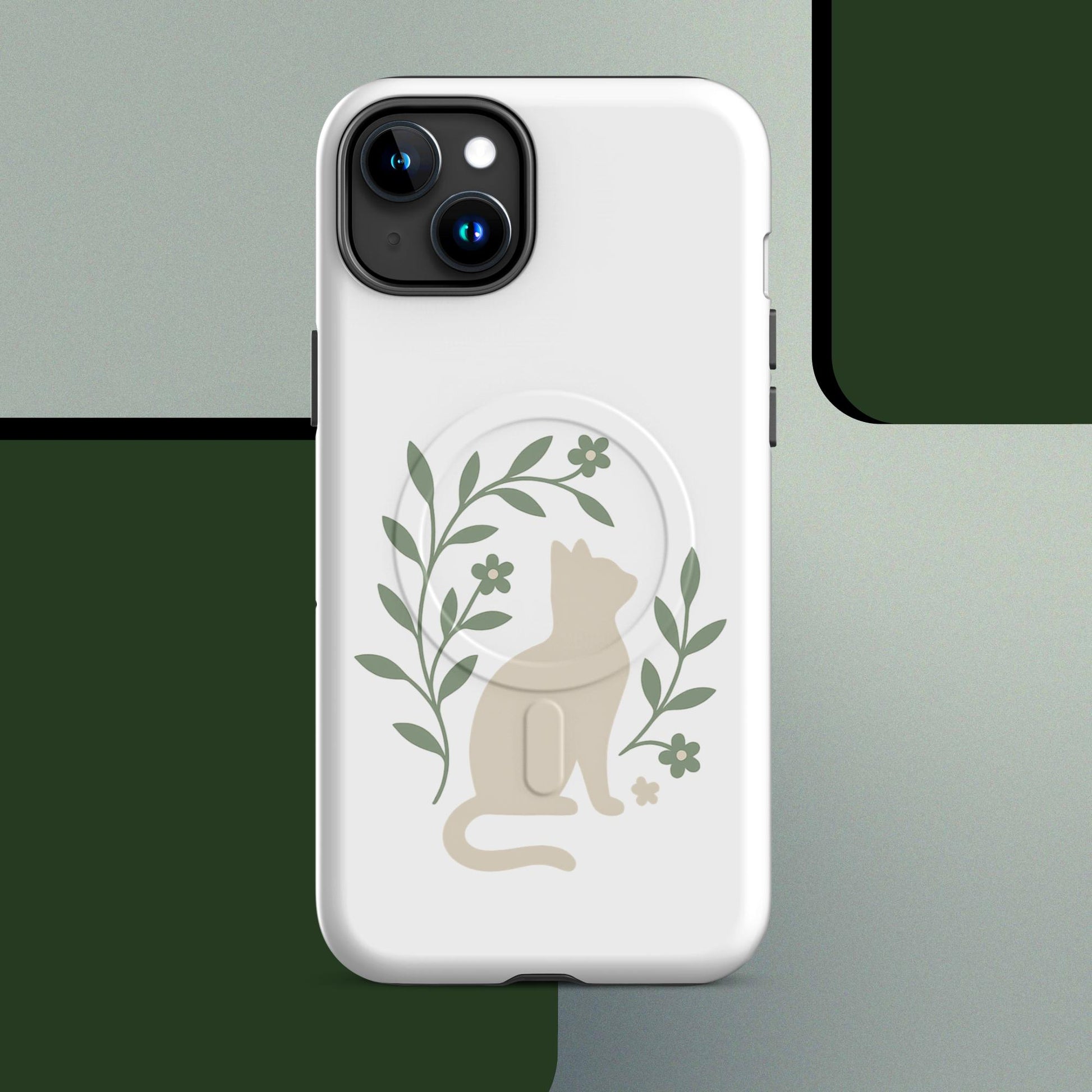Botanical cat MagSafe iPhone case minimal green leaf design – iPhone 14–17