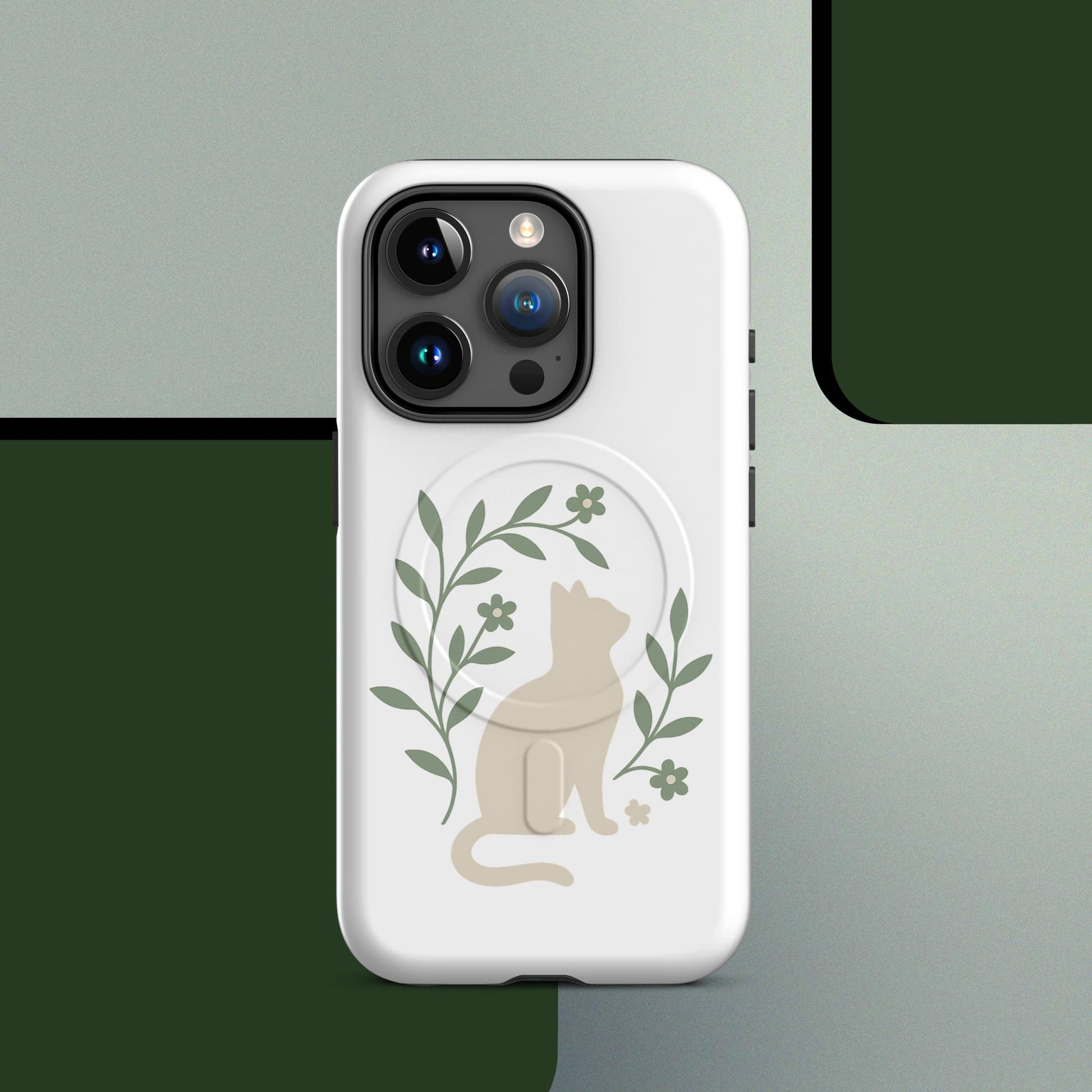 Botanical cat MagSafe iPhone case minimal green leaf design – iPhone 14–17