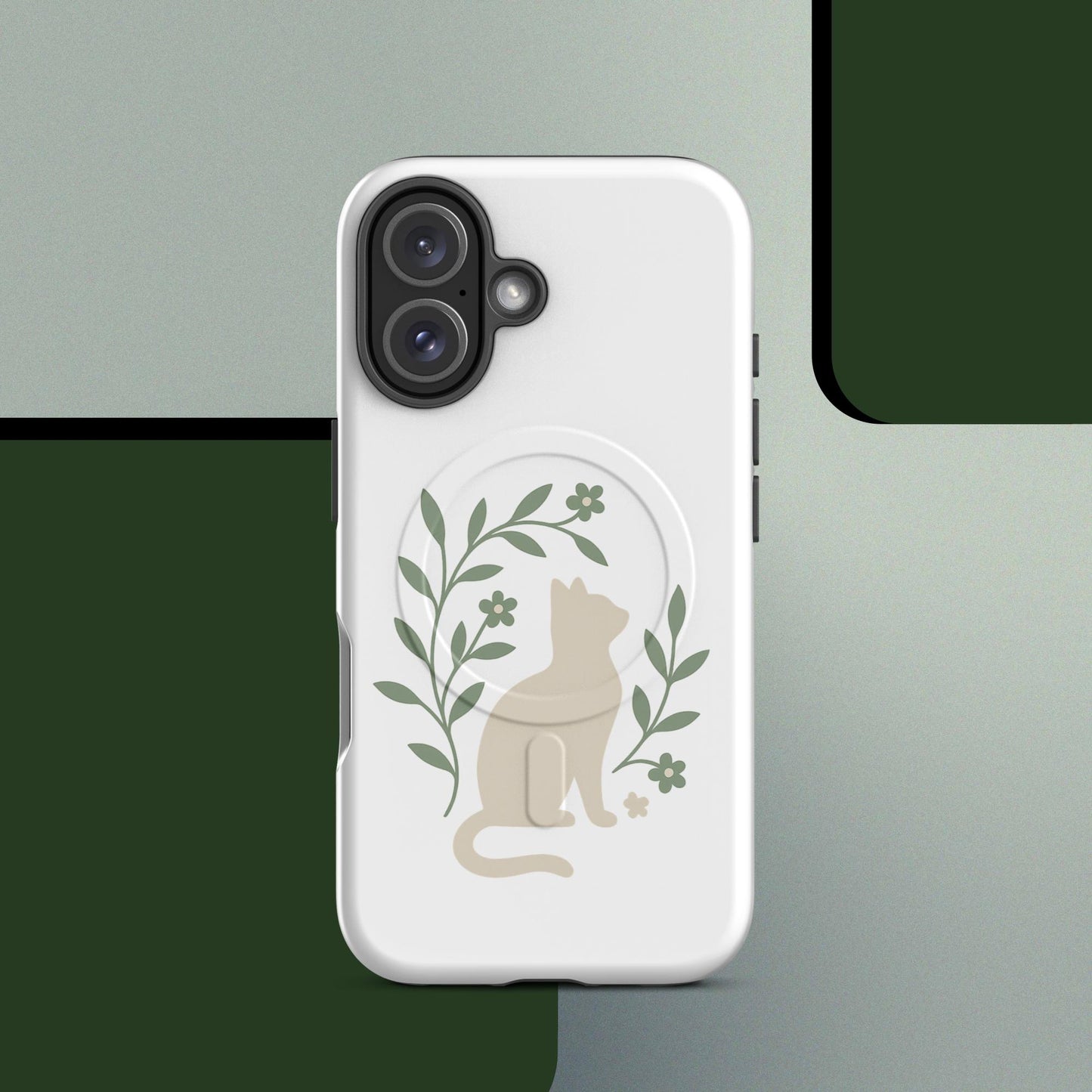 Botanical cat MagSafe iPhone case minimal green leaf design – iPhone 14–17