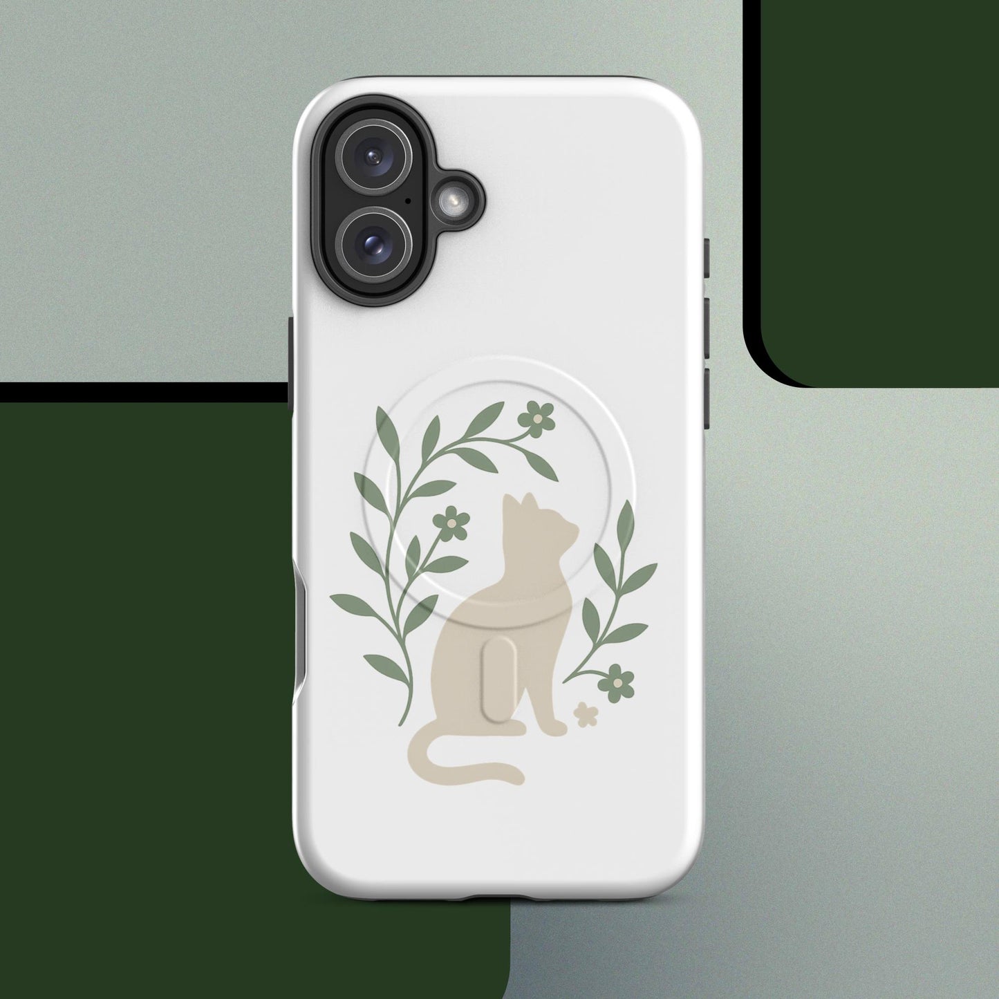 Botanical cat MagSafe iPhone case minimal green leaf design – iPhone 14–17