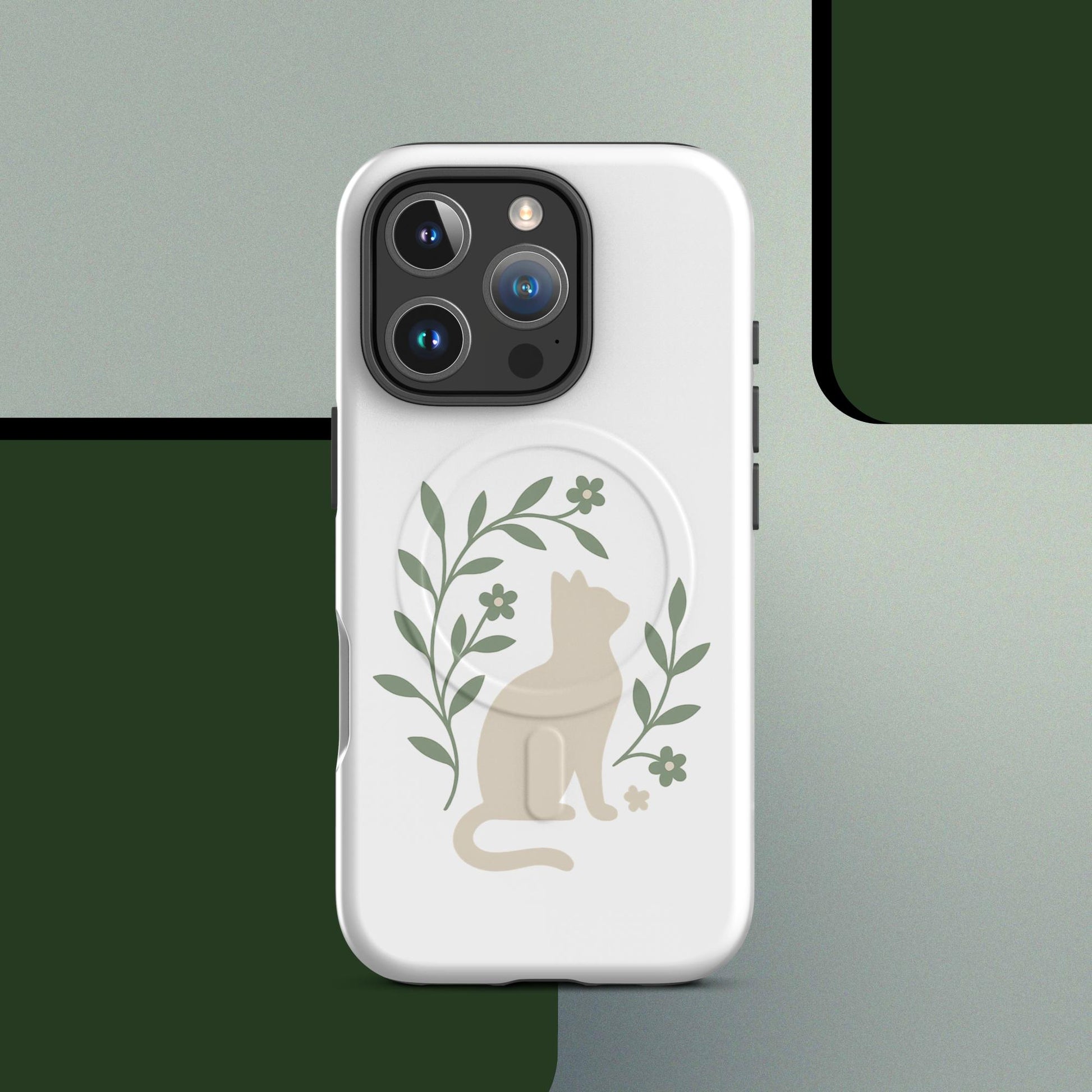 Botanical cat MagSafe iPhone case minimal green leaf design – iPhone 14–17