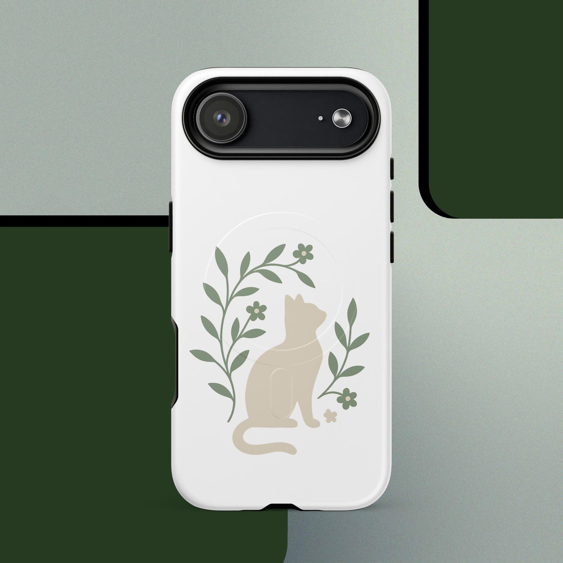 Botanical cat MagSafe iPhone case minimal green leaf design – iPhone 14–17