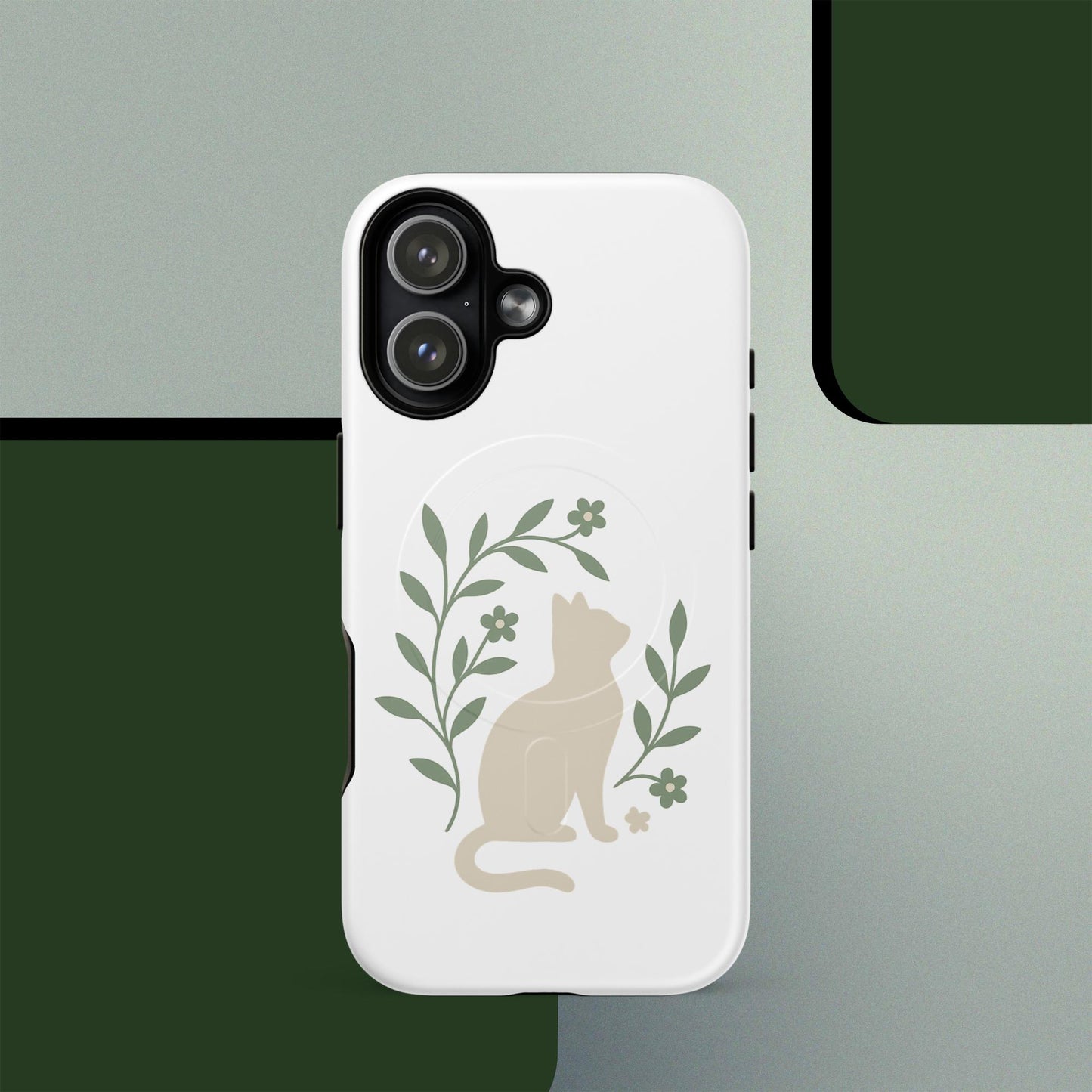 Botanical cat MagSafe iPhone case minimal green leaf design – iPhone 14–17