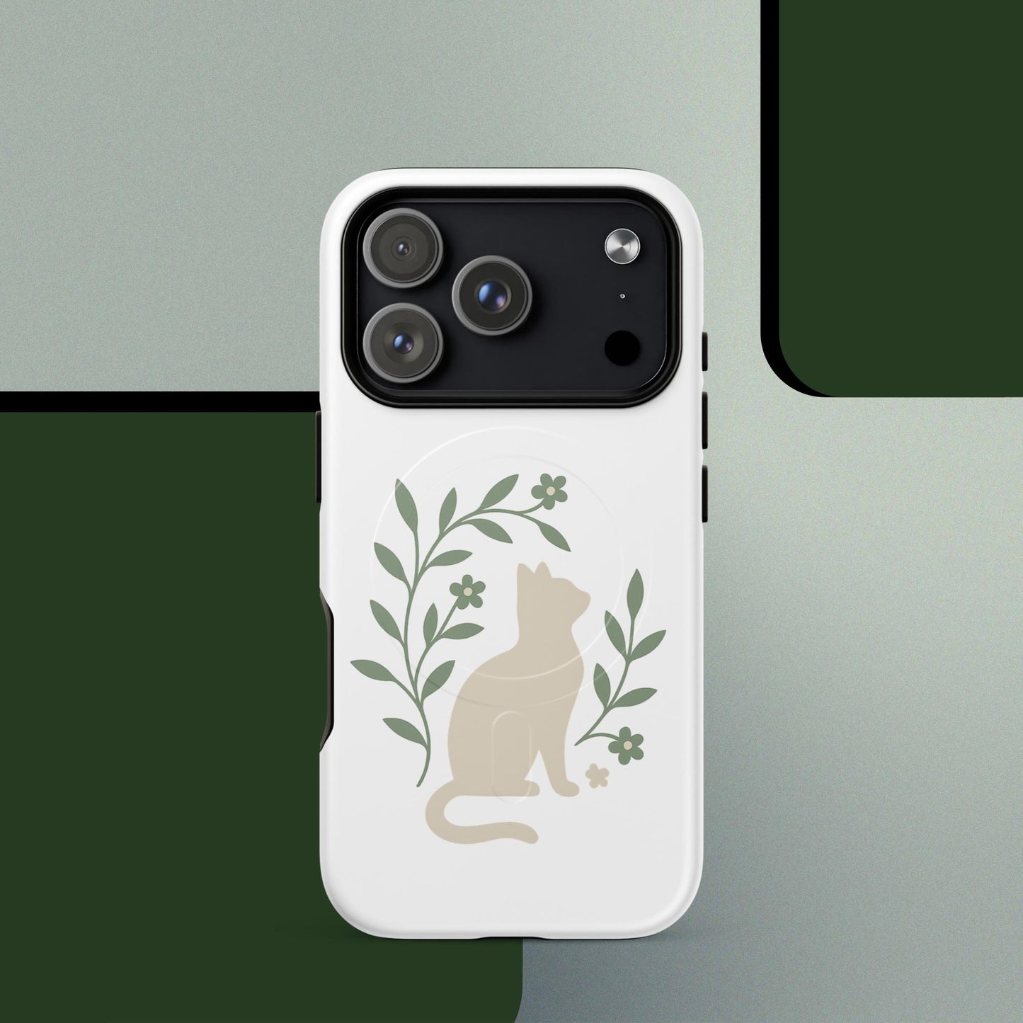 Botanical cat MagSafe iPhone case minimal green leaf design – iPhone 14–17
