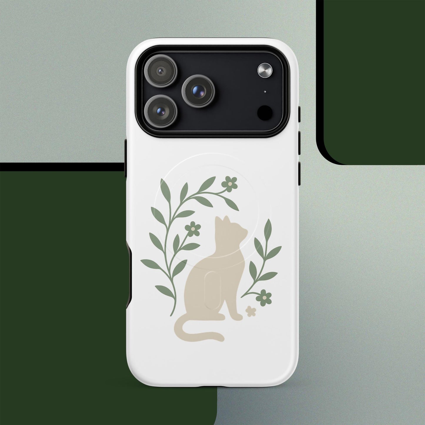 Botanical cat MagSafe iPhone case minimal green leaf design – iPhone 14–17